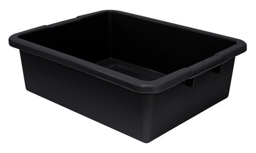 A black Quantum Bussing Tub, 22W x 17D x 7H, with a ribbed bottom and sturdy handles, made of polypropylene in the USA.