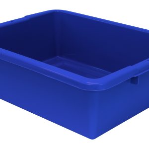 The Quantum Bussing Tub is a blue polypropylene bin with dimensions of 22W x 17D x 7H, featuring a ribbed bottom. Ideal for organizing or transporting items, it is made in the USA and shown empty against a white background.