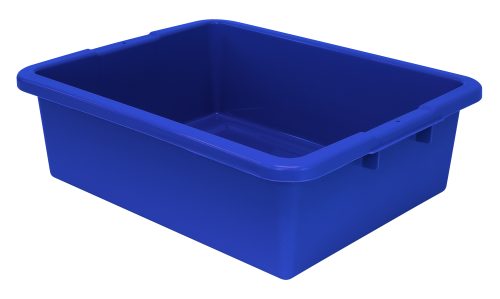 The Quantum Bussing Tub is a blue polypropylene bin with dimensions of 22W x 17D x 7H, featuring a ribbed bottom. Ideal for organizing or transporting items, it is made in the USA and shown empty against a white background.
