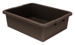 A brown, rectangular Quantum Bussing Tub (22W x 17D x 7H) with a ribbed bottom for durability and support sits on a white background. Made of polypropylene in the USA, it offers smooth surfaces and raised edges for versatile use. NSF certified.