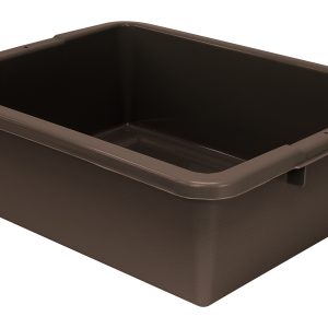 A brown, rectangular Quantum Bussing Tub (22W x 17D x 7H) with a ribbed bottom for durability and support sits on a white background. Made of polypropylene in the USA, it offers smooth surfaces and raised edges for versatile use. NSF certified.