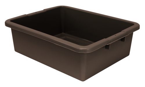 A brown, rectangular Quantum Bussing Tub (22W x 17D x 7H) with a ribbed bottom for durability and support sits on a white background. Made of polypropylene in the USA, it offers smooth surfaces and raised edges for versatile use. NSF certified.