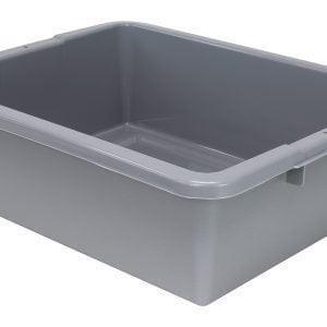 A high-angle view of a large, empty Quantum Bussing Tub, 22W x 17D x 7H, with reinforced edges and ribbed bottom. This gray polypropylene bin, made in the USA and NSF-certified, has textured sides and an open top revealing its spacious interior.