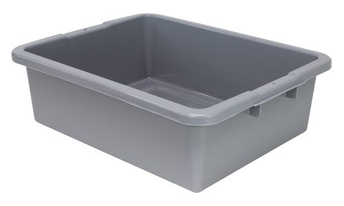 FSB-22177RGY.jpg A high-angle view of a large, empty Quantum Bussing Tub, 22W x 17D x 7H, with reinforced edges and ribbed bottom. This gray polypropylene bin, made in the USA and NSF-certified, has textured sides and an open top revealing its spacious interior.