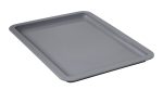 A gray Quantum Pizza Dough Box Lid, measuring 18L x 13W, lies on a white background. Made in the USA from polypropylene, it features a smooth surface that is stackable and dishwasher safe.
