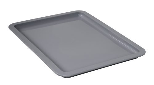 A gray Quantum Pizza Dough Box Lid, measuring 18L x 13W, lies on a white background. Made in the USA from polypropylene, it features a smooth surface that is stackable and dishwasher safe.