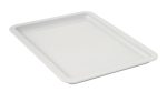 The Quantum Pizza Dough Box Lid is a white, rectangular, polypropylene tray with raised edges, viewed at an angle on a plain background. Its stackable, dishwasher safe, and made in the USA. Dimensions: 18L x 13W.