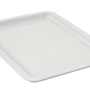 The Quantum Pizza Dough Box Lid is a white, rectangular, polypropylene tray with raised edges, viewed at an angle on a plain background. Its stackable, dishwasher safe, and made in the USA. Dimensions: 18L x 13W.