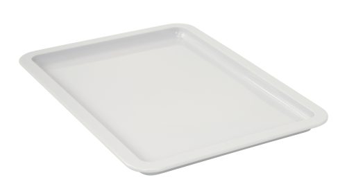The Quantum Pizza Dough Box Lid is a white, rectangular, polypropylene tray with raised edges, viewed at an angle on a plain background. Its stackable, dishwasher safe, and made in the USA. Dimensions: 18L x 13W.