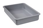 The Quantum Pizza Dough Box, 18L x 13W x 3H, is a stackable, dishwasher-safe gray polypropylene container with high sides and a smooth finish. Made in the USA and shown at an angle to highlight its depth and simple design.