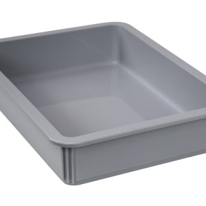 The Quantum Pizza Dough Box, 18L x 13W x 3H, is a stackable, dishwasher-safe gray polypropylene container with high sides and a smooth finish. Made in the USA and shown at an angle to highlight its depth and simple design.