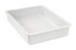 The Quantum Pizza Dough Box, made in the USA, is a versatile white polypropylene container with dimensions of 18L x 13W x 3H. Its stackable and dishwasher safe, featuring raised edges and a smooth interior and exterior.