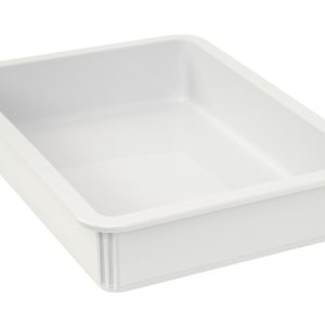The Quantum Pizza Dough Box, made in the USA, is a versatile white polypropylene container with dimensions of 18L x 13W x 3H. Its stackable and dishwasher safe, featuring raised edges and a smooth interior and exterior.