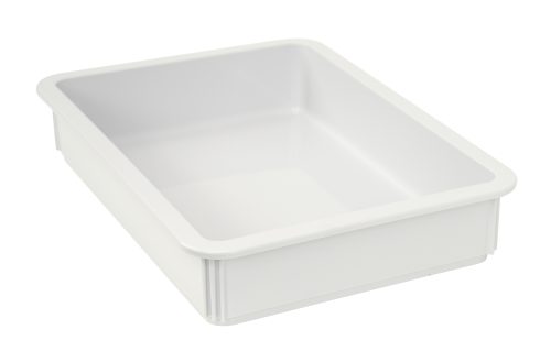 The Quantum Pizza Dough Box, made in the USA, is a versatile white polypropylene container with dimensions of 18L x 13W x 3H. Its stackable and dishwasher safe, featuring raised edges and a smooth interior and exterior.