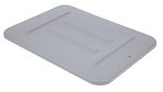 The Quantum Bussing Tub Lid, measuring 22W x 16-1/2D x 3/4H, is a flat, light gray polypropylene lid designed for the FSB-20155R container. It has slightly raised edges, two small holes near corners, and embossed lines with subtle text for orientation. Made in the USA and NSF certified.