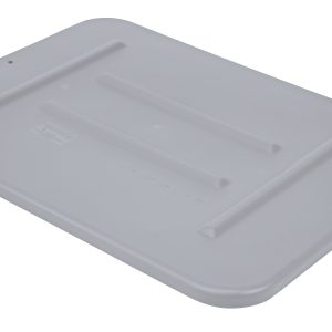 The Quantum Bussing Tub Lid, measuring 22W x 16-1/2D x 3/4H, is a flat, light gray polypropylene lid designed for the FSB-20155R container. It has slightly raised edges, two small holes near corners, and embossed lines with subtle text for orientation. Made in the USA and NSF certified.