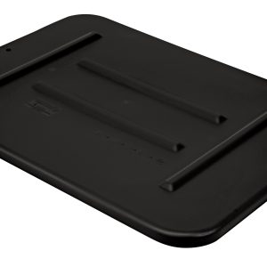 The Quantum Bussing Tub Lid, measuring 22W x 16.5D x 0.75H, is a black polypropylene lid with a textured surface and raised reinforcement ridges. Made in the USA, it has rounded corners and edge indents to fit the FSB-20155R container perfectly. NSF certified.