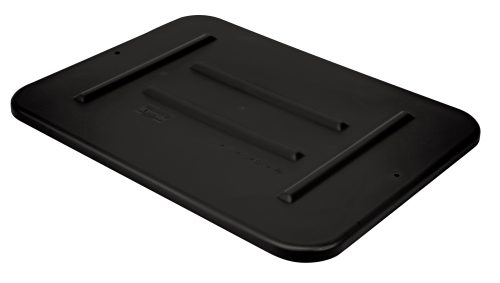 The Quantum Bussing Tub Lid, measuring 22W x 16.5D x 0.75H, is a black polypropylene lid with a textured surface and raised reinforcement ridges. Made in the USA, it has rounded corners and edge indents to fit the FSB-20155R container perfectly. NSF certified.