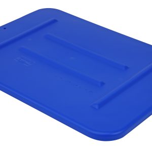 The Quantum Bussing Tub Lid, made in the USA from blue polypropylene, measures 22W x 16-1/2D x 3/4H and is designed for use with FSB-20155R. It features two raised parallel lines across its rectangular shape with small indentations near the corners. NSF certified.
