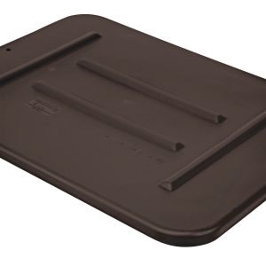 The Quantum Bussing Tub Lid measures 22W x 16-1/2D x 3/4H and is made of dark brown polypropylene. Designed with ribbed reinforcements for the FSB-20155R container, it has a smooth texture and slightly raised edge. Made in the USA, NSF certified.