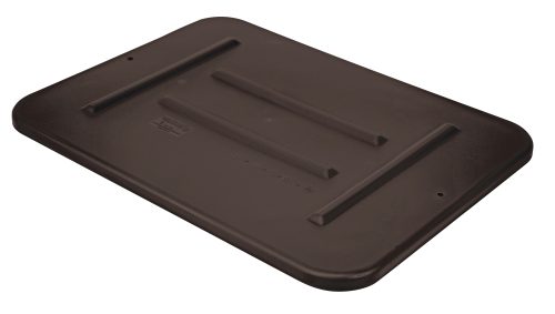 The Quantum Bussing Tub Lid measures 22W x 16-1/2D x 3/4H and is made of dark brown polypropylene. Designed with ribbed reinforcements for the FSB-20155R container, it has a smooth texture and slightly raised edge. Made in the USA, NSF certified.