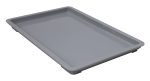 A shallow, rectangular gray Quantum Pizza Dough Box Lid, 26L x 18W, shown on a white background, is crafted from durable polypropylene with raised edges. Its smooth, minimalist design offers versatility beyond its intended use. Stackable, dishwasher safe, and made in USA.