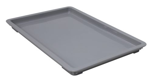 A shallow, rectangular gray Quantum Pizza Dough Box Lid, 26L x 18W, shown on a white background, is crafted from durable polypropylene with raised edges. Its smooth, minimalist design offers versatility beyond its intended use. Stackable, dishwasher safe, and made in USA.
