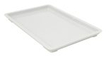 The Quantum Pizza Dough Box Lid, a white, rectangular polypropylene lid measuring 26L x 18W, is stackable and dishwasher safe. With slightly raised edges, it rests on a plain background ready for versatile use. Made in USA.