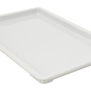 The Quantum Pizza Dough Box Lid, a white, rectangular polypropylene lid measuring 26L x 18W, is stackable and dishwasher safe. With slightly raised edges, it rests on a plain background ready for versatile use. Made in USA.