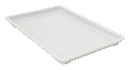 The Quantum Pizza Dough Box Lid, a white, rectangular polypropylene lid measuring 26L x 18W, is stackable and dishwasher safe. With slightly raised edges, it rests on a plain background ready for versatile use. Made in USA.
