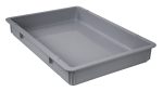 The Quantum Pizza Dough Box is a large, rectangular gray storage bin made in the USA from durable polypropylene. It measures 26L x 18W x 3H and features smooth sides, slightly rounded corners, and a flat base, making it perfect for organizing or storing items. It is also stackable and dishwasher safe.