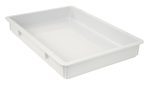 A Quantum Pizza Dough Box, made of white polypropylene and measuring 26L x 18W x 3H, is placed at an angle. Its stackable, dishwasher safe, and made in the USA.