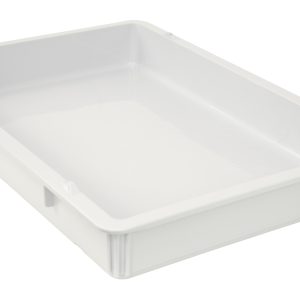 A Quantum Pizza Dough Box, made of white polypropylene and measuring 26L x 18W x 3H, is placed at an angle. Its stackable, dishwasher safe, and made in the USA.