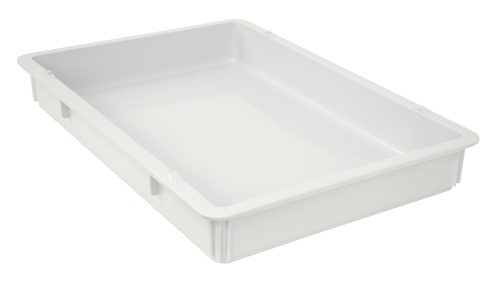 FSB-PT26183WT.jpg A Quantum Pizza Dough Box, made of white polypropylene and measuring 26L x 18W x 3H, is placed at an angle. Its stackable, dishwasher safe, and made in the USA.