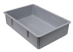 The Quantum Pizza Dough Box, measuring 26L x 18W x 6H, is a durable, stackable gray polypropylene container. It has smooth surfaces and slightly raised edges, making it ideal for storing or organizing items. Proudly made in the USA, its dishwasher safe and perfect as a pizza dough box.