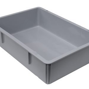 The Quantum Pizza Dough Box, measuring 26L x 18W x 6H, is a durable, stackable gray polypropylene container. It has smooth surfaces and slightly raised edges, making it ideal for storing or organizing items. Proudly made in the USA, its dishwasher safe and perfect as a pizza dough box.