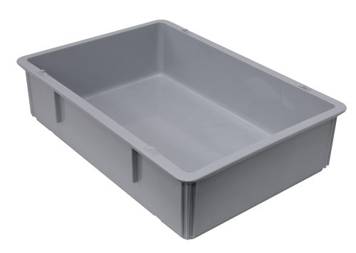The Quantum Pizza Dough Box, measuring 26L x 18W x 6H, is a durable, stackable gray polypropylene container. It has smooth surfaces and slightly raised edges, making it ideal for storing or organizing items. Proudly made in the USA, its dishwasher safe and perfect as a pizza dough box.