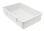 The Quantum Pizza Dough Box, measuring 26L x 18W x 6H, is a large, white, polypropylene storage bin with a smooth rectangular shape. It is stackable and dishwasher safe, ideal for organizing spaces or serving as a pizza dough box in busy kitchens. Made in the USA.