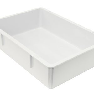 The Quantum Pizza Dough Box, measuring 26L x 18W x 6H, is a large, white, polypropylene storage bin with a smooth rectangular shape. It is stackable and dishwasher safe, ideal for organizing spaces or serving as a pizza dough box in busy kitchens. Made in the USA.