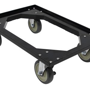 Pictured is the Quantum Pizza Dough Box Dolly in black, measuring 26W x 18D x 7H. Made in the USA, it features a minimalist metal frame with geometric cut-outs, and sturdy swivel wheels equipped with metal hardware and rubber casings for smooth mobility.