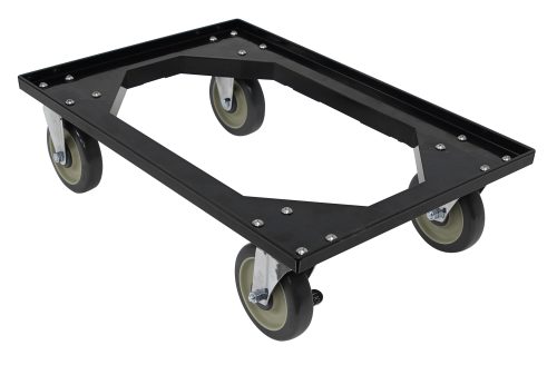 Pictured is the Quantum Pizza Dough Box Dolly in black, measuring 26W x 18D x 7H. Made in the USA, it features a minimalist metal frame with geometric cut-outs, and sturdy swivel wheels equipped with metal hardware and rubber casings for smooth mobility.
