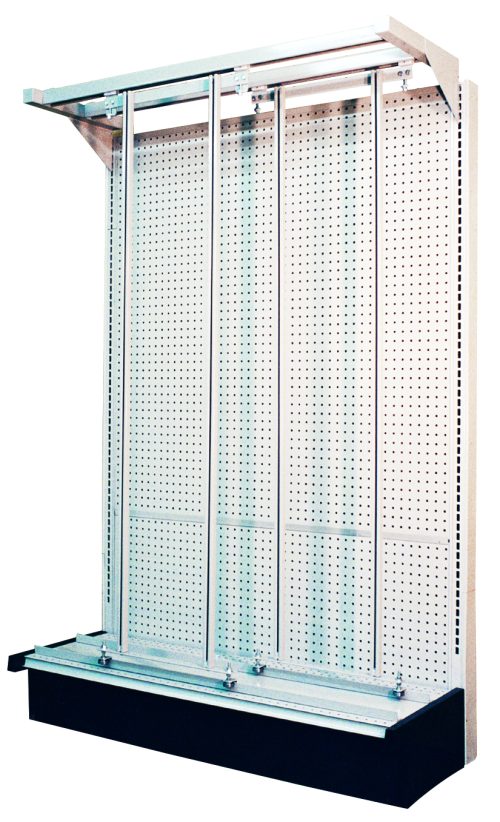 The Quantum Slider Frame With Gondola, Ivory, features vertical dividers and a perforated back panel on a black base, ideal for organizing tools or merchandise with elegance and functionality.