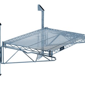 The Quantum Cantilever Single Shelf Post Wall Mount offers a 24W x 12D shelf with a grid design, supported by triangular brackets and features 14 posts and 12 cantilevers. Its chrome finish and foldable design provide efficient storage and space-saving solutions.