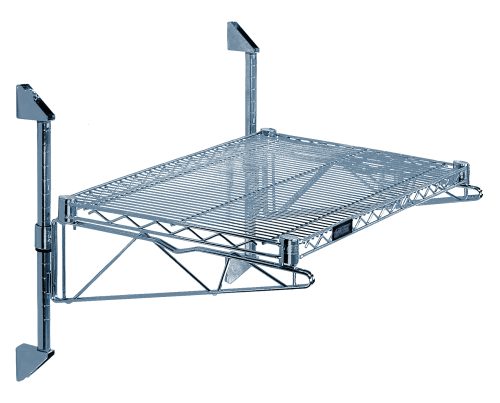 The Quantum Cantilever Single Shelf Post Wall Mount offers a 24W x 12D shelf with a grid design, supported by triangular brackets and features 14 posts and 12 cantilevers. Its chrome finish and foldable design provide efficient storage and space-saving solutions.