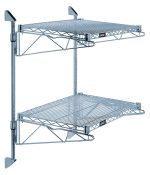 The Quantum Cantilever Double Shelf Wall Mount includes two 24W x 12D shelves on 12 cantilever arms, with four mounting brackets and two 34 posts. It features a gray epoxy antimicrobial finish, offering a minimalist, sturdy, and adjustable design with parallel shelf arrangement.