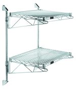The Quantum Cantilever Double Shelf Post Wall Mount features two 24W x 12D chrome-plated wire shelves, four 12 cantilever arms, and four sturdy mounting brackets, ideal for modern storage in kitchens or garages.