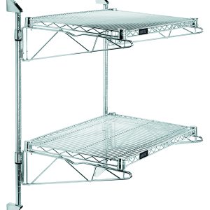 The Quantum Cantilever Double Shelf Post Wall Mount features two 24W x 12D chrome-plated wire shelves, four 12 cantilever arms, and four sturdy mounting brackets, ideal for modern storage in kitchens or garages.