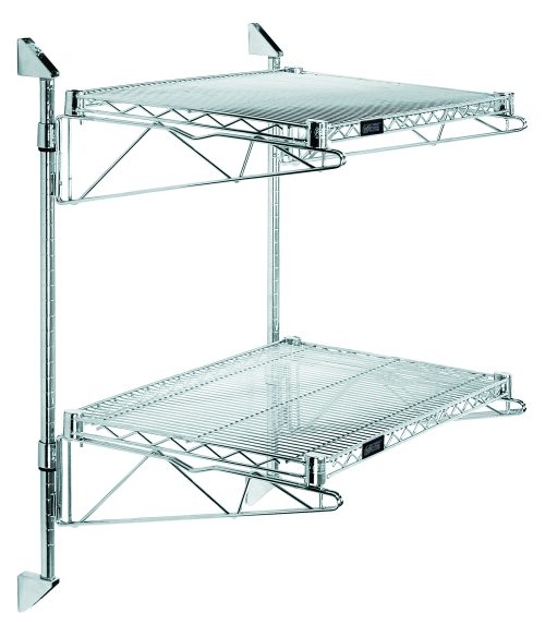 GACB18-34-1836S.jpg The Quantum Cantilever Double Shelf Post Wall Mount features two 24W x 12D chrome-plated wire shelves, four 12 cantilever arms, and four sturdy mounting brackets, ideal for modern storage in kitchens or garages.