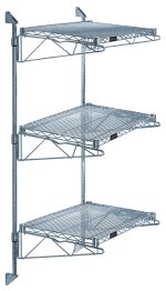 Quantum Cantilever Double Shelf Post Wall Mount features three 24W x 12D gray epoxy antimicrobial shelves with a grid design, supported by two 54 posts, six 12 cantilever arms, and four mounting brackets, providing ample spaced storage mounted vertically. NSF certified.
