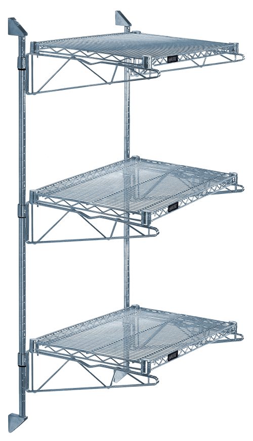 GACB18-54-1836GY.jpg Quantum Cantilever Double Shelf Post Wall Mount features three 24W x 12D gray epoxy antimicrobial shelves with a grid design, supported by two 54 posts, six 12 cantilever arms, and four mounting brackets, providing ample spaced storage mounted vertically. NSF certified.